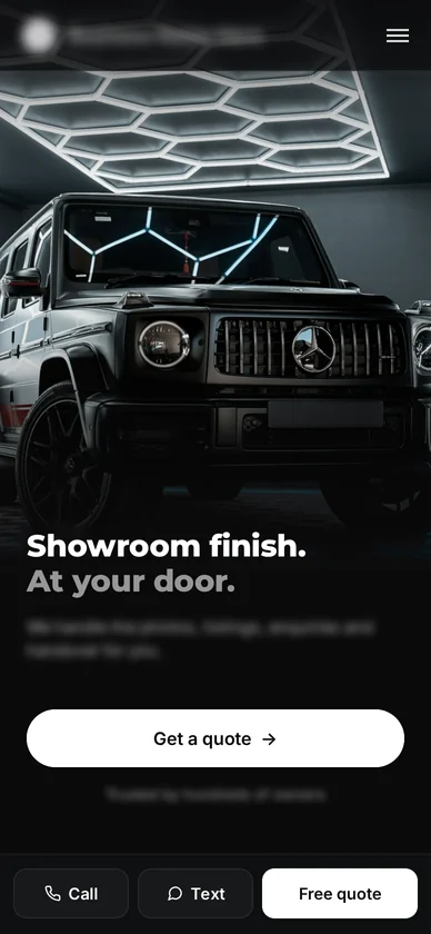 Concept homepage for a mobile detailing business, shown on a phone, business name blurred