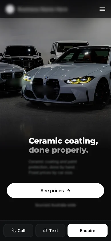 Concept homepage for a ceramic coating business, shown on a phone, business name blurred