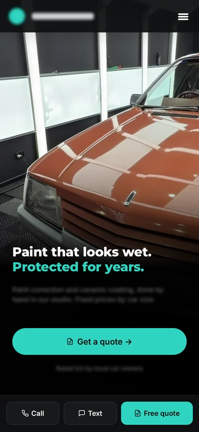 Concept homepage for a car detailer, shown on a phone, business name blurred